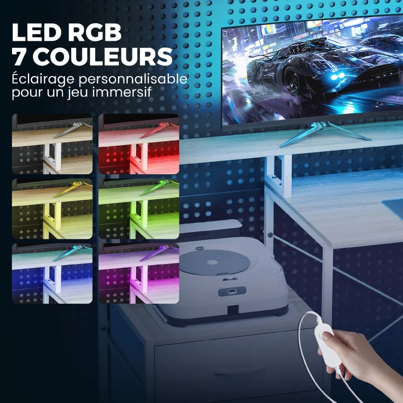 HOMCOM Bureau d'angle avec prises et lumières LED RGB, bureau d'ordinateur, 172 x 100 cm, support d'écran, 2 tiroirs, blanc