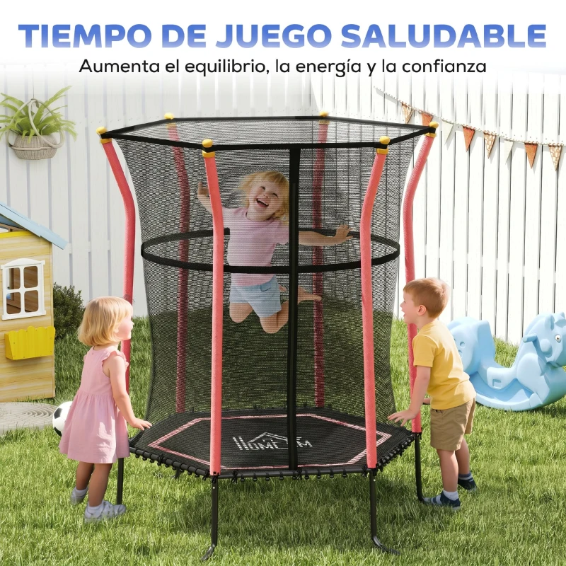 HOMCOM Cama Elástica Infantil Trampolín para Niños +3 Años con Red de Seguridad Ø163,5x190 cm Rojo