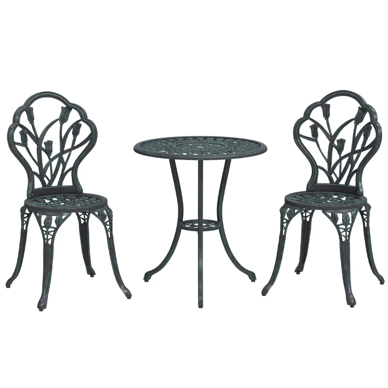 Outsunny Set Salotto da Giardino 2 Posti, 2 Sedie e Tavolo Rotondo in Alluminio Pressofuso, Effetto Ferro Battuto, Verde