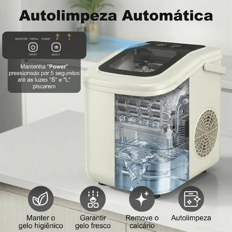 HOMCOM Máquina de Gelo Autolimpante 12 kg/24 h 9 Cubos Prontos em 7 Minutos 2 Tamanhos de Gelo Depósito de 1,2 L Bege