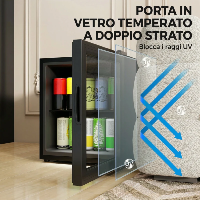 HOMCOM Mini Frigo da Ufficio 46L, 59 Lattine, Temperatura Regolabile 0-20℃ con Porta in Doppio Vetro Temperato, Nero