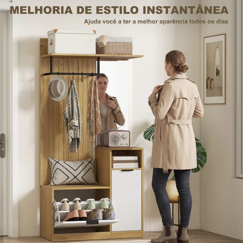 HOMCOM Cabideiro para Entrada com Sapateira, Armário, Prateleiras Abertas e 4 Ganchos, 80x36x168 cm, Carvalho