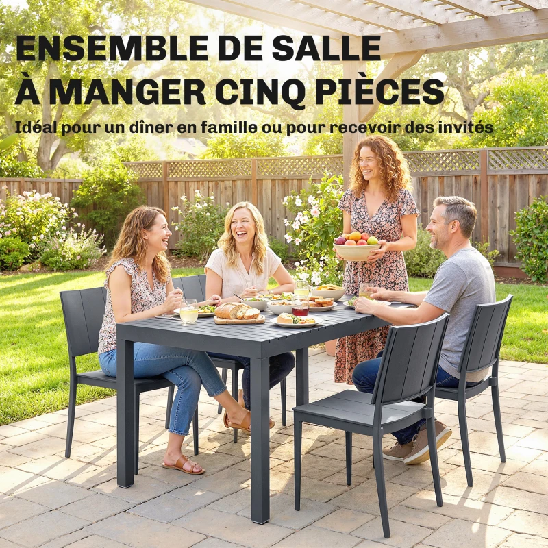 Outsunny Salon de Jardin 4 Personnes avec Chaises Empilables Plateau à Lattes PP Gris Anthracite