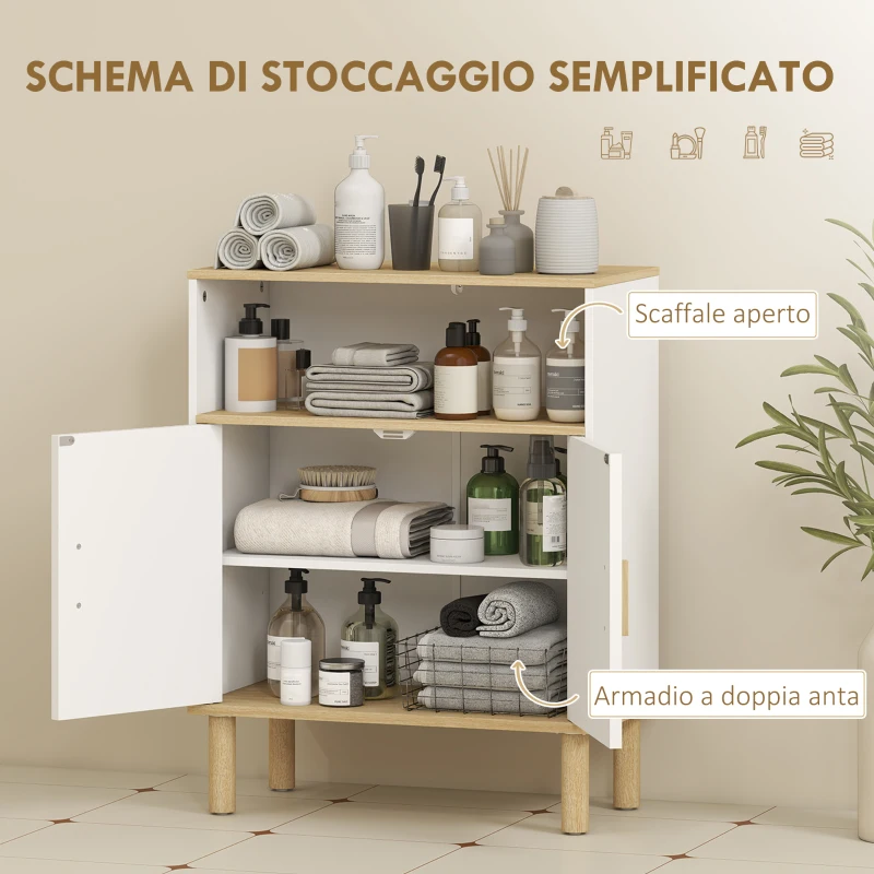 HOMCOM Mobile Bagno Autoportante con Ripiano Regolabile, Bianco e Legno Naturale