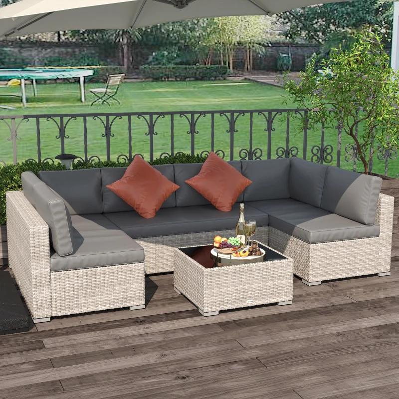 Outsunny 6 Seater Patio PE Rattan Wicker Sofa Set, Outdoor All Weather Conservatory Furniture, w/ Tempered Glass Coffee Table & Cushions, Deep Grey