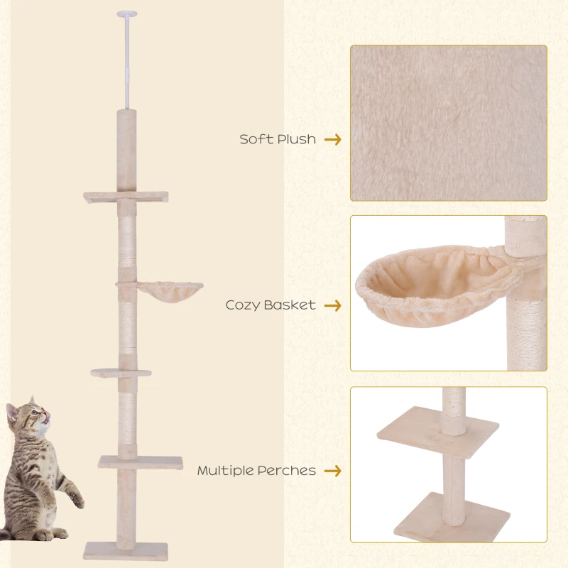 PawHut Floor to Ceiling Cat Tree 230-260cm Height Adjustable, 5-Tier Cat Tower with Scratching Posts, Hammock, Perches, Climbing Activity Centre for Indoor Kittens Playing and Relaxing, Beige