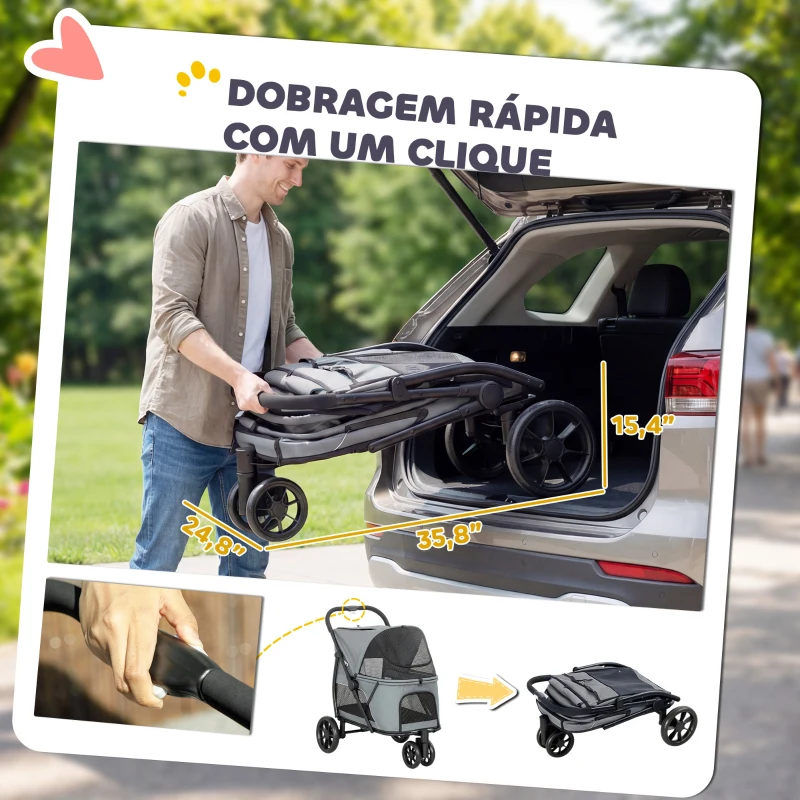 PawHut Carrinho para Cães Dobrável com 3 Rodas Janelas de Rede Almofada Lavável Todo-o-Terreno Carga 20 kg 92x63x95 cm Cinzento