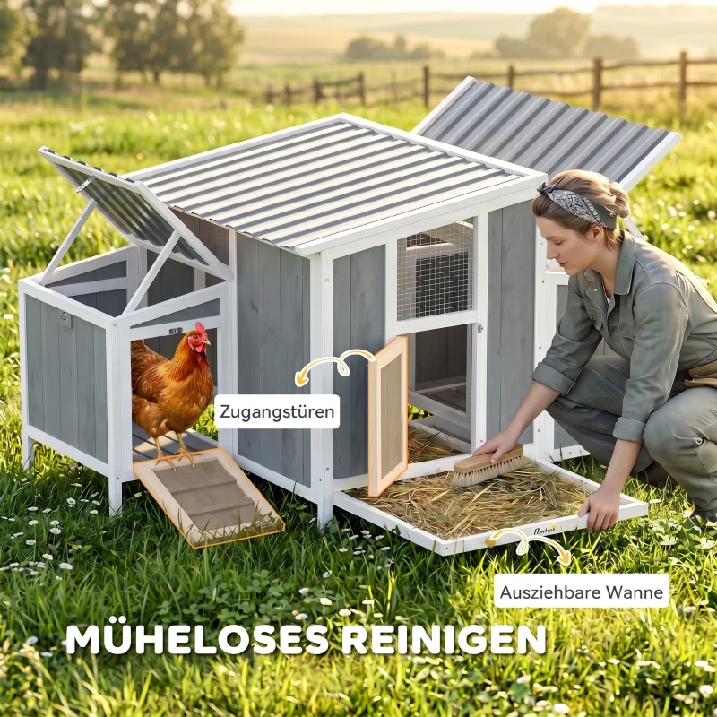 PawHut Hühnerstall Holz Hühnerhaus mit abschließbarer Tür Nistkasten wasserdichtem PET-Dach für 3-4 Hühner, 145x90x92 cm Grau