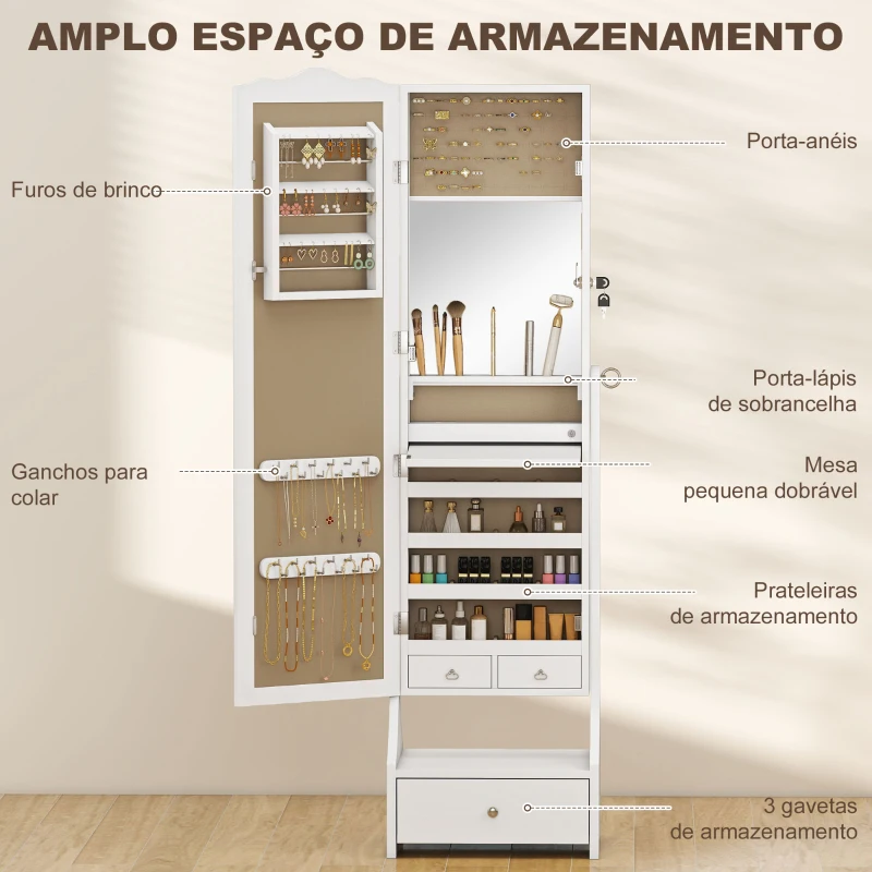 HOMCOM Espelho de Joias com Luzes LED Armário para Joias com Espelho de Ângulo Ajustável Gavetas Mesa Interior Dobrável Branco