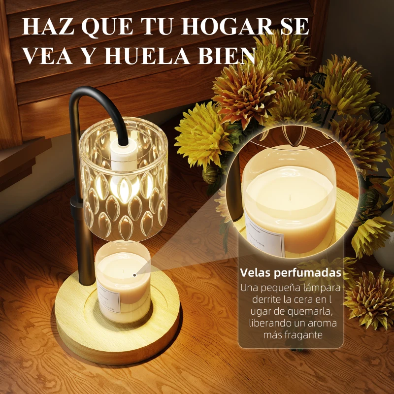 HOMCOM Lámpara Calefactora de Velas con Base Pantalla de Vidrio y Varilla Negra Ø15x32,5 cm para Dormitorio Salón Multicolor