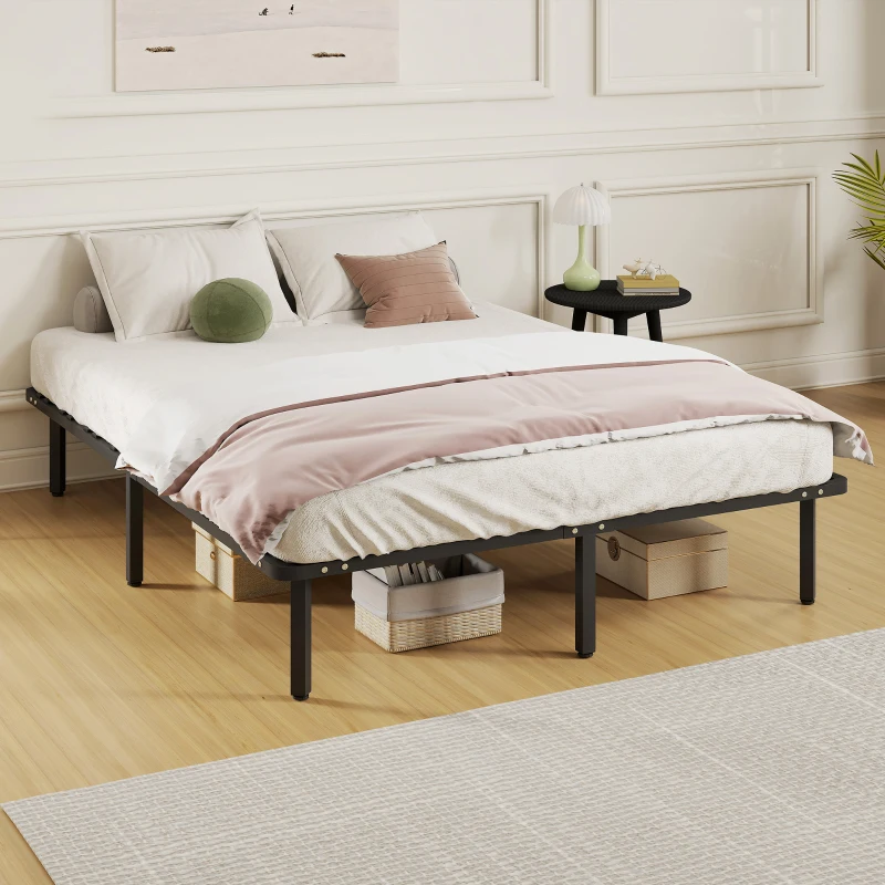 HOMCOM Cadre de lit 160 x 200 cm, lit 2 personnes avec sommier à lattes en bois massif et pied, avec rangement au-dessous, noir