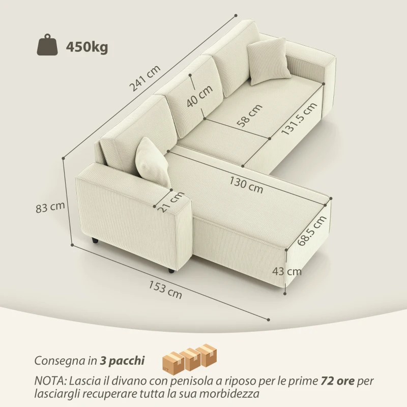 HOMCOM Divano con Penisola a 3 Posti in Tessuto Effetto Velluto, Schiuma e Nylon, 241x153x83 cm, Bianco Crema
