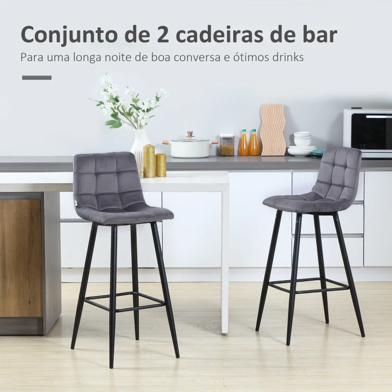 HOMCOM Conjunto de 2 Bancos Altos de Cozinha Bancos de Bar Estofados em Veludo com Apoio para os Pés e Encosto Cinzento