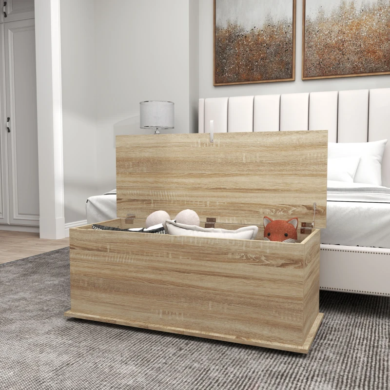 HOMCOM Banco de Arrumação com Dobradiça de Segurança Estilo Moderno para Corredor Quarto Sala 100x40x40 cm Carvalho