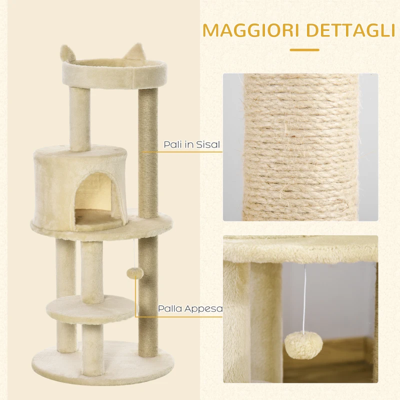 PawHut Albero Tiragraffi per Gatti Adulti con Cuccia Spaziosa e Piattaforma, 104 cm, Bianco Crema