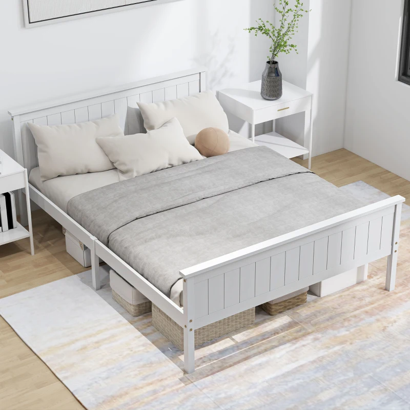 HOMCOM Cadre de lit 140 x 200 cm, lit simple en bois massif avec sommier à lattes tête et pied inclus, assemblage facile, blanc