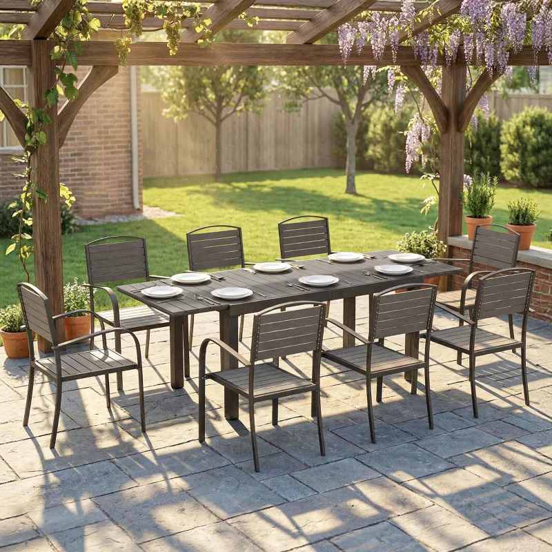 Outsunny Conjunto de Mesa e Cadeiras de Jardim com Mesa Extensível Estrutura de Alumínio 8 Cadeiras e Tampo de Ripas de Madeira Plástica