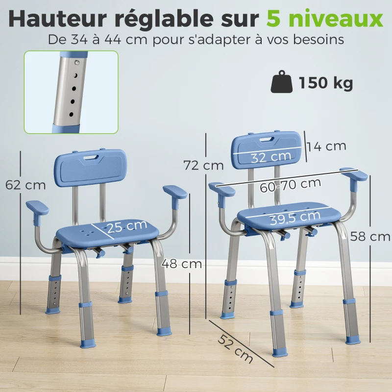 HOMCOM Tabouret de douche chaise de douche ergonomique avec accoudoirs, dossier, hauteur et siège réglables, bleu