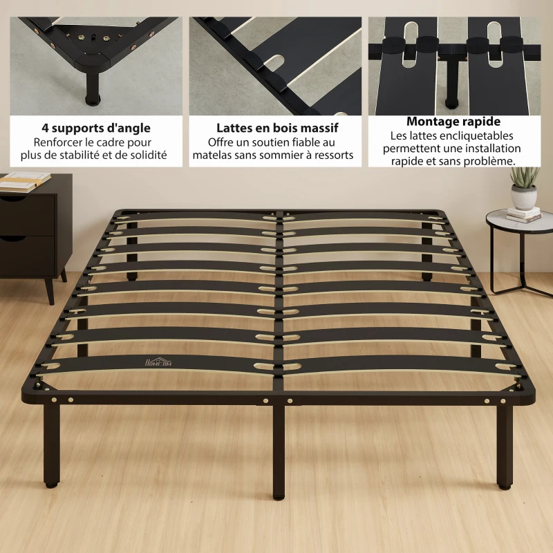 HOMCOM Cadre de lit 160 x 200 cm, lit 2 personnes avec sommier à lattes en bois massif et pied, avec rangement au-dessous, noir