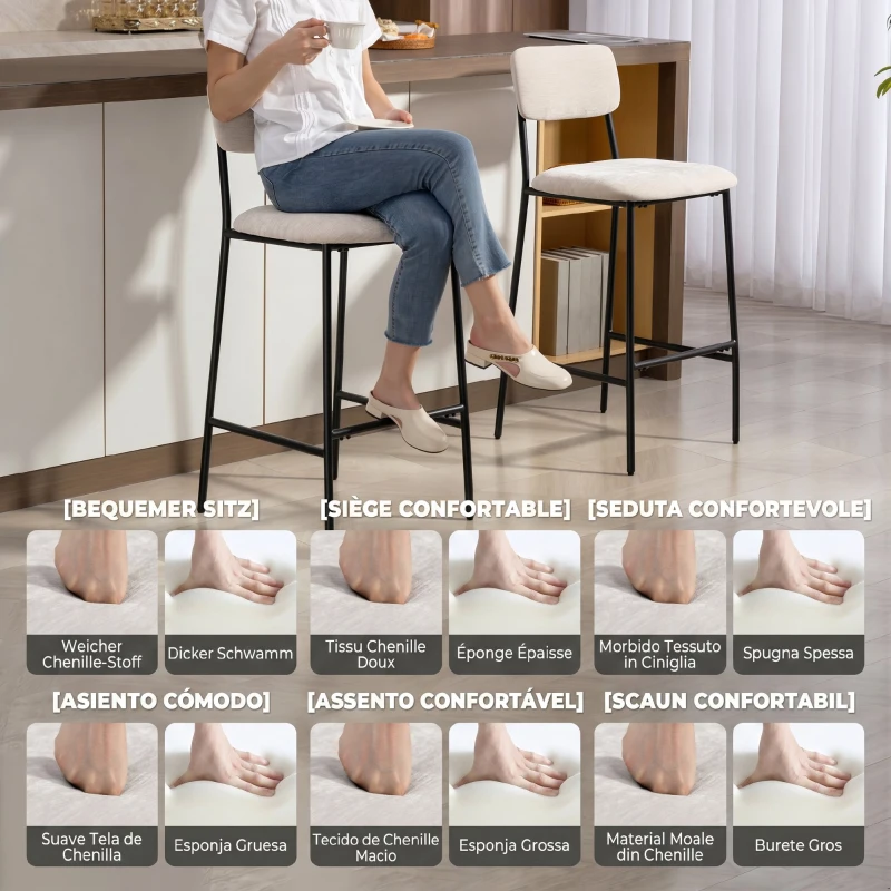 HOMCOM, Set 2 Scaune de Bar cu Spătar Înalt, Suport pentru Picioare, Chenille, oțel, 45.5 x 48 x 101cm, Crem