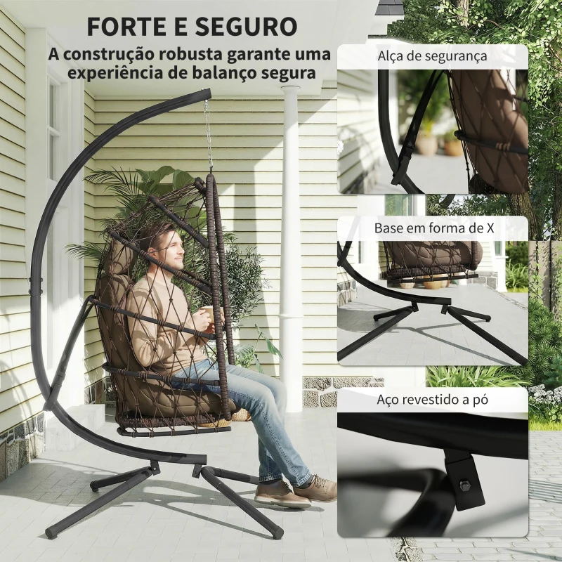 Outsunny Cadeira Suspensa Tipo Ovo com Suporte, Cesto Dobrável, Almofada, Apoio de Cabeça e Corda, Suporta até 120 kg, Castanha