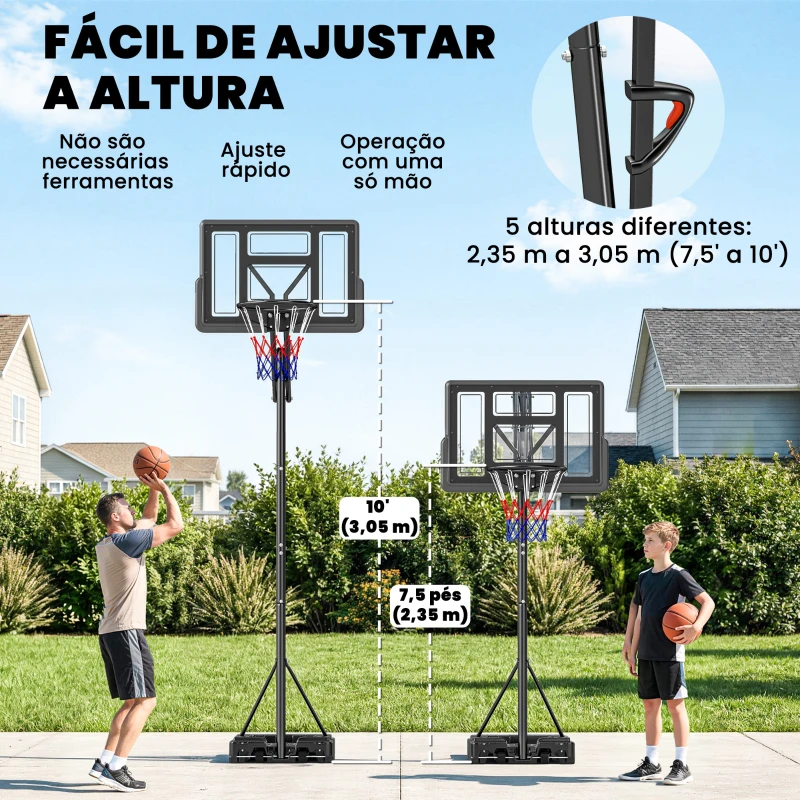 SPORTNOW Tabela de Basquetebol para Exterior com Rodas, Altura Ajustável (2,35-3,05 m), Base Preenchível e Bolsa de Peso, Cor Preto