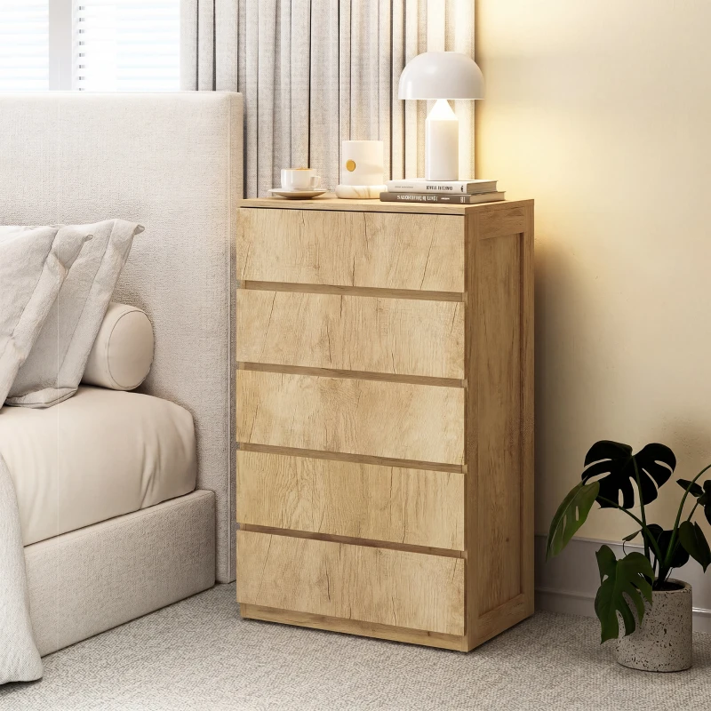 HOMCOM Commode 5 tiroirs meuble de rangement sans poignées design minimaliste 60 x 39 x 100 cm bois naturel