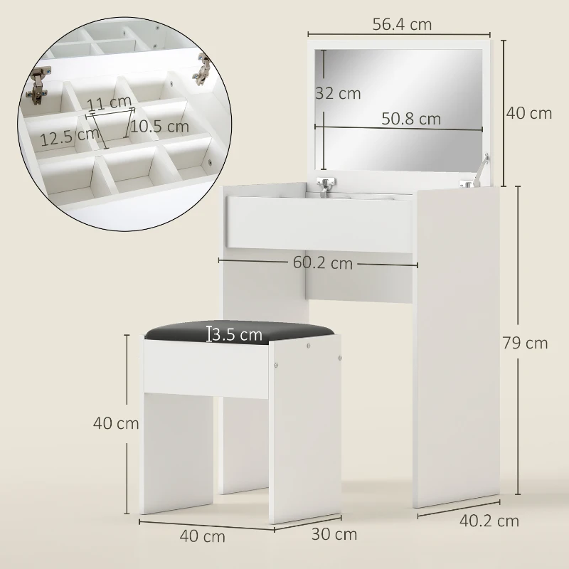 HOMCOM Postazione Trucco con Specchio Richiudibile, Toeletta Trucco Moderno, con Sgabello, Vano Contenitore a 10 Scomparti, MDF Bianco, 60.2 x 40.2 x 79cm