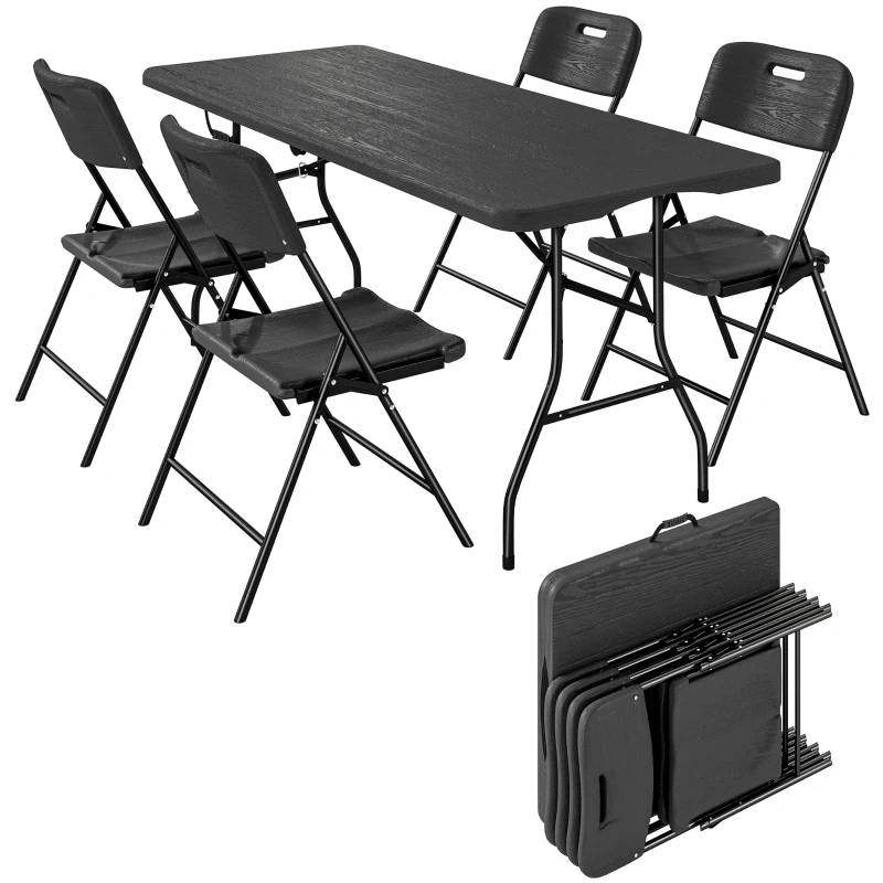 Outsunny Set Tavolo e Sedie da Campeggio 5pz con Tavolino Pieghevole e 4 Sedie, in HDPE e Metallo Nero