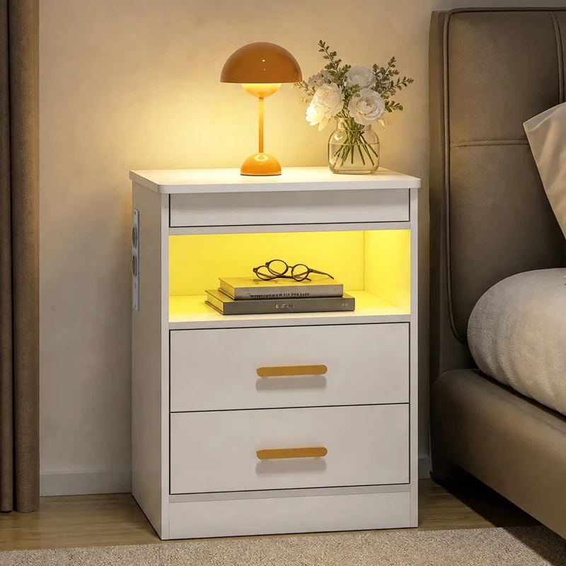 HOMCOM Noptieră modernă, masă laterală cu stație de încărcare și iluminare LED RGB, alb lucios