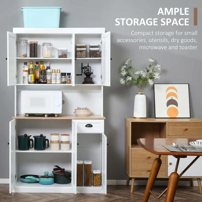 HOMCOM White Kitchen Cabinet 180cm Freestanding Modern Storage with Open Countertop Drawer 6 Doors Kitchen White