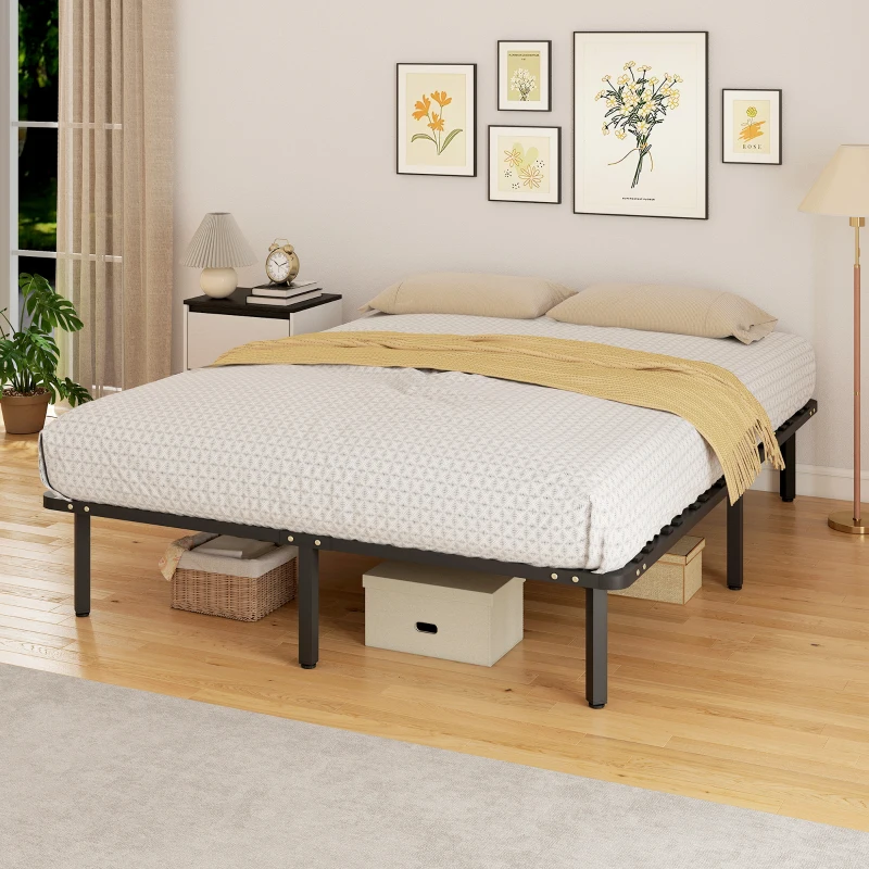 HOMCOM Cadre de lit 160 x 200 cm, lit 2 personnes avec sommier à lattes en bois massif et pied, avec rangement au-dessous, noir