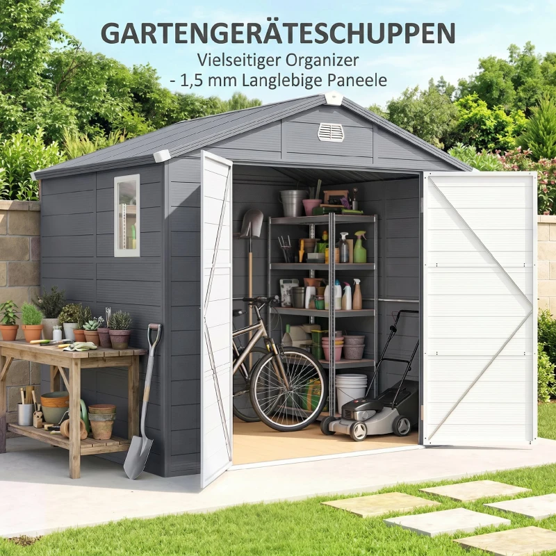 Outsunny Gerätehaus, Gartenhaus, Geräteschuppen mit Lüftungsfenster, Kunststoff, Metall, 240 x 190 x 180/228, Grau(m-9)