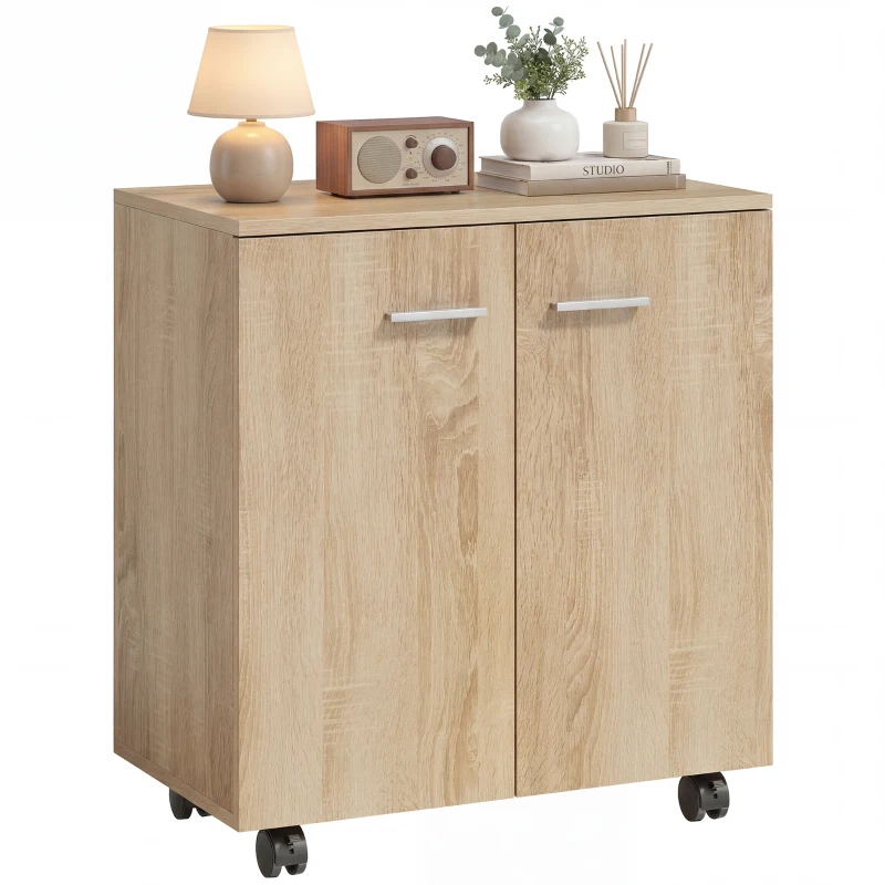 HOMCOM Aparador de Sala com Rodas 2 Portas e Prateleiras para Sala de Estar Quarto Escritório 60x35x65 cm Madeira