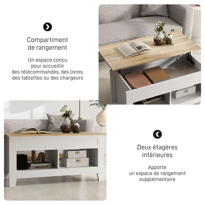 HOMCOM Table basse plateau relevable, table de salon avec étagères et compartiment caché,105 x 50 x 49-62,5 cm blanc