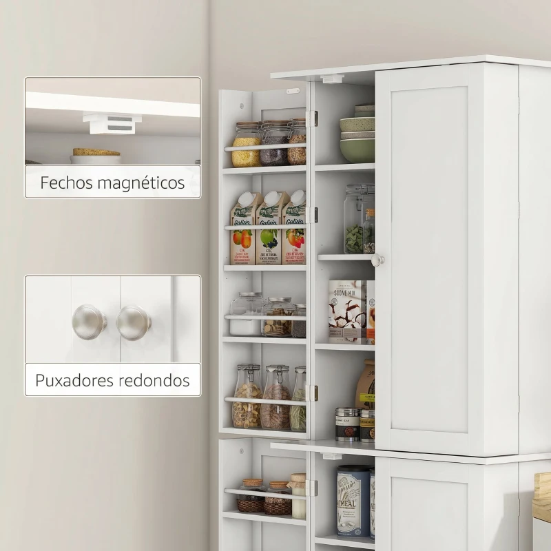 HOMCOM Armário Despensa de Cozinha com 4 Portas e Prateleiras Ajustáveis para Sala de Estar ou Sala de Jantar 60x35x166 cm Branco