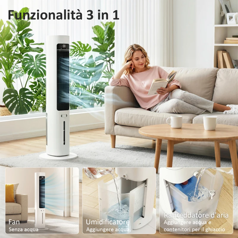 HOMCOM Raffrescatore d'Aria Evaporativo, 3L Serbatoio, 48° Oscillazione, 3 Velocità e Modalità, Bianco