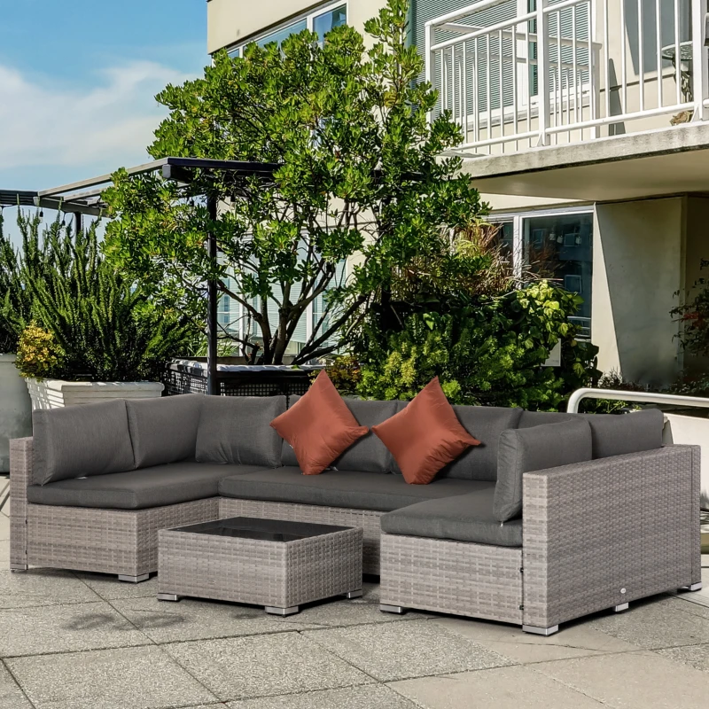 Outsunny 6 Seater Patio PE Rattan Wicker Sofa Set, Outdoor All Weather Conservatory Furniture, w/ Tempered Glass Coffee Table & Cushions, Deep Grey