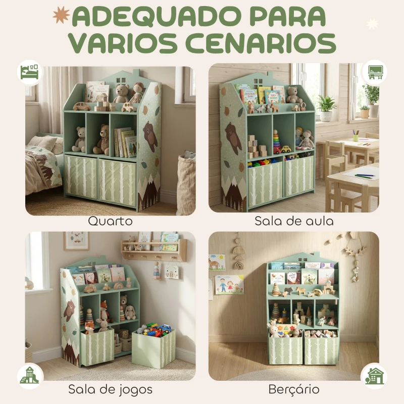 AIYAPLAY Estante Infantil para Brinquedos com Gavetas de Tecido Prateleiras Abertas Design de Ursinhos Organizador de Brinquedos Verde