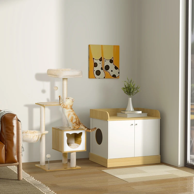 PawHut Kratzbaum Katzenbaum mit Katzenhöhle Plattform Höhe 126 cm Kletterbaum aus Holz Katzenkratzbaum Spanplatte Sisal Kurzplüsch Beige 48 x 40 x 126 cm