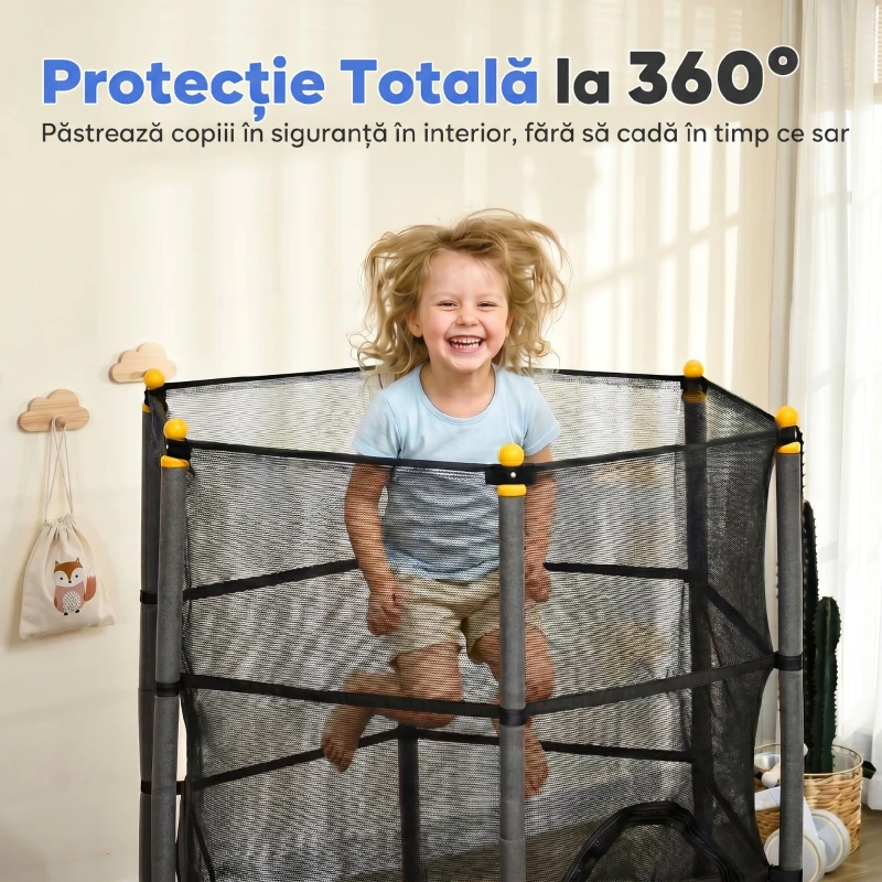 HOMCOM Trambulin Elastic pentru Copii Ø1.6x1.9 m cu Plasă de Siguranță și Stâlpi Căptușiți, Vârsta 3-10 Ani, Negru