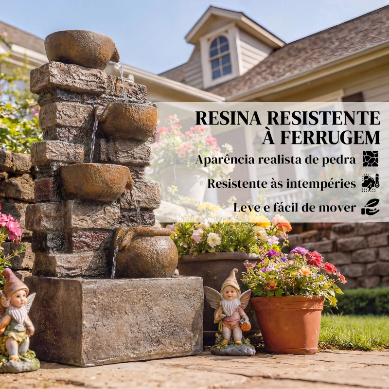 Outsunny Fonte de Jardim com Iluminação LED e Bomba, Fonte Decorativa em Cascata de 5 Níveis, Fluxo Ajustável, Castanho Rústico