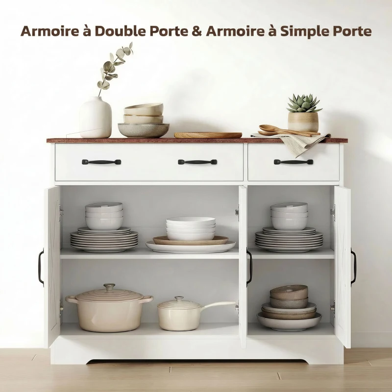 HOMCOM Buffet cuisine, meuble de rangement avec 3 portes de grange, 2 tiroirs et étagères réglables, 108 x 40 x 81 cm, blanc