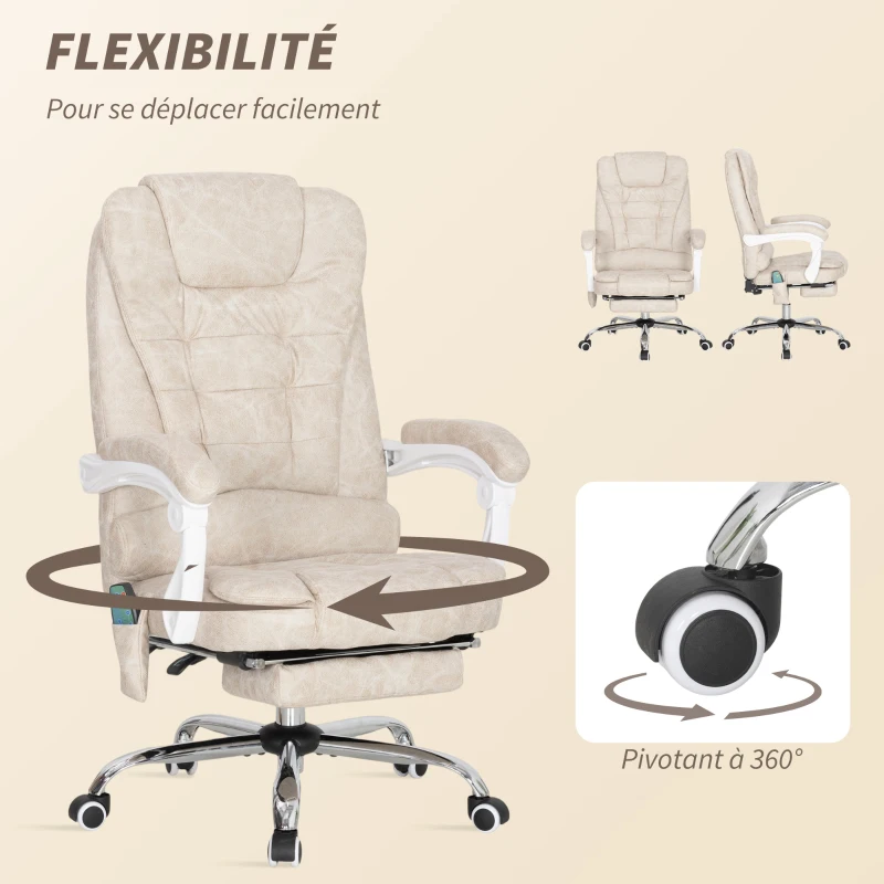 Vinsetto Fauteuil de bureau massant et chauffant, chaise de bureau, hauteur réglable, dossier inclinable, 65x70x111-119cm, crème