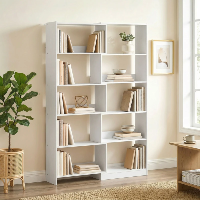HOMCOM Estante Expansível 5 Níveis Estante para Livros Giratória 350° Largura Ajustável Convertível em L Reta ou Compacta 111,5x23,8x163,7 cm Branco