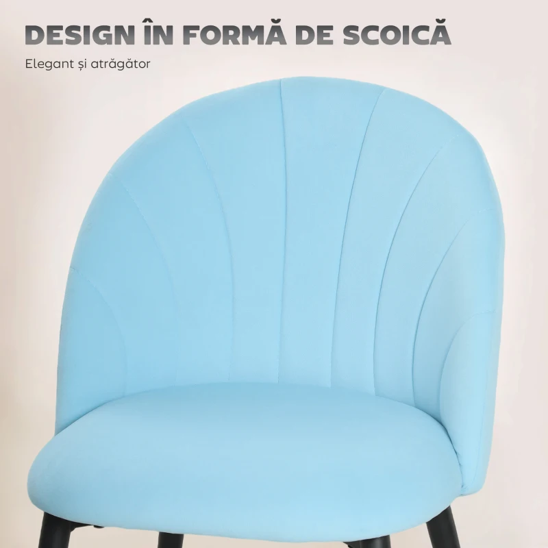 HOMCOM, Scaun de sufragerie, în Formă de Scoică, Catifea si oțel, 52cm x 55cm x 79cm, Albastru Deschis