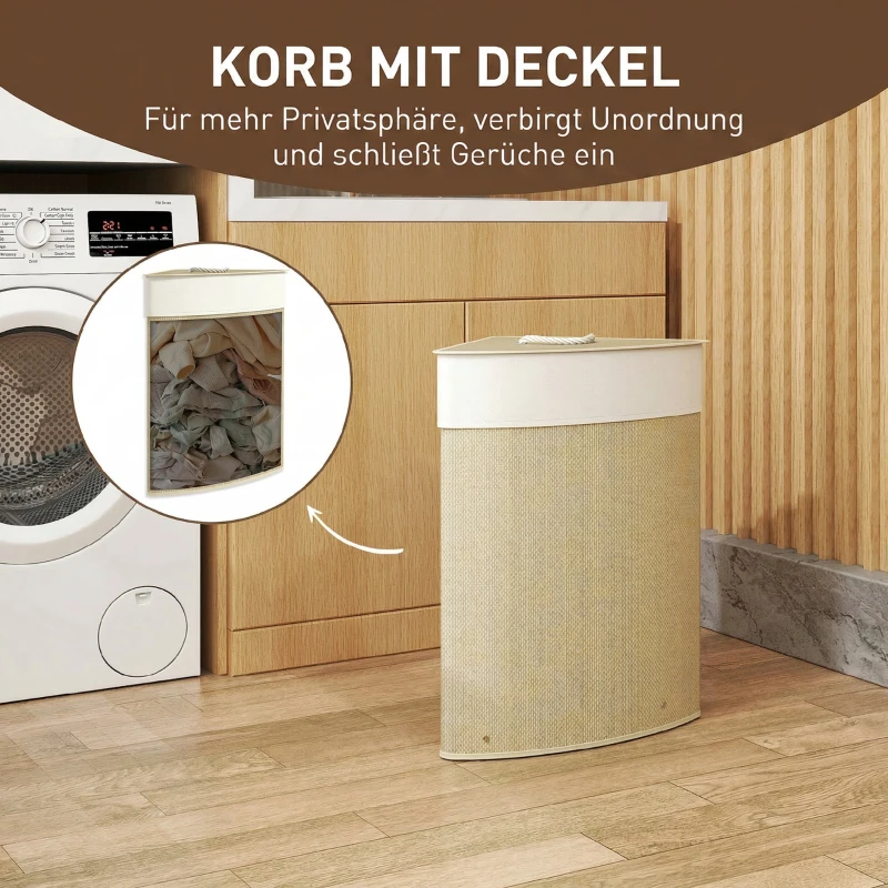 HOMCOM Cesto Portabiancheria Angolare da 55L con Sacco Estraibile e Coperchio Removibile, in Bambù, 35x35x60 cm, Color Legno
