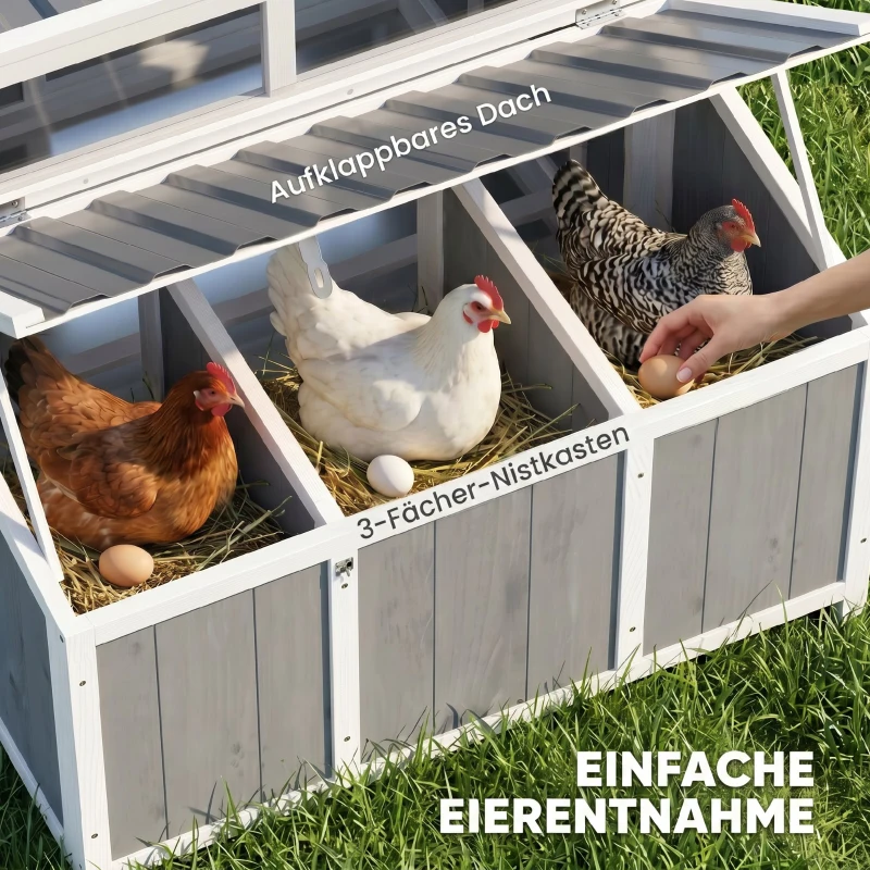 PawHut Hühnerstall Holz Hühnerhaus mit abschließbarer Tür Nistkasten wasserdichtem PET-Dach für 3-4 Hühner, 145x90x92 cm Grau