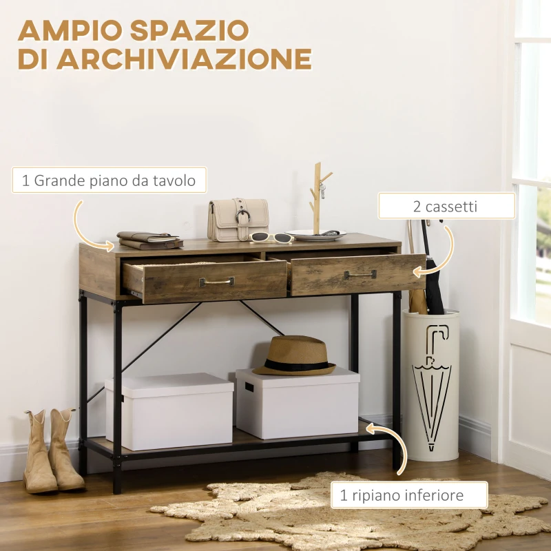 HOMCOM Tavolo Consolle Stile Vintage in Metallo e Legno con 2 Cassetti e Mensola, 100x35x76.5cm, Marrone