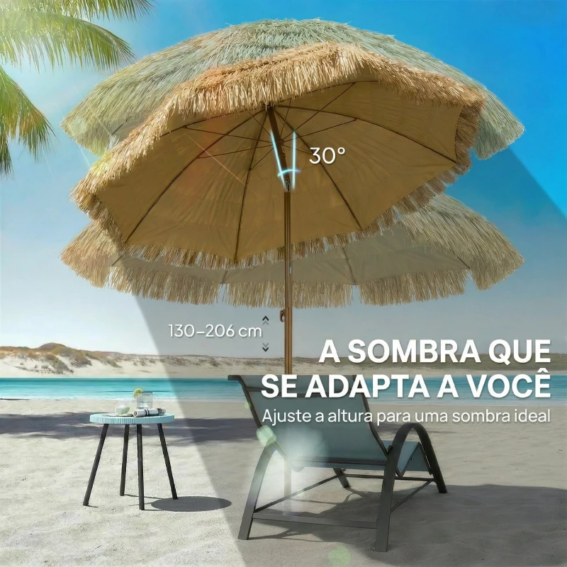 Outsunny Chapéu de Sol de Praia com Franjas de Palha Ø178 cm com Inclinação Altura Ajustável UV50+ Bolsa de Transporte Castanho Claro